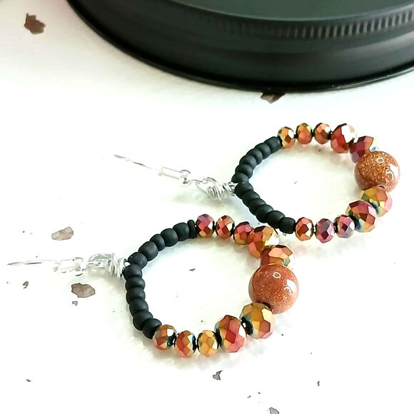 Boho Chic Goldstone Dangle Earrings, Statement Gemstone Jewelry, 2" - Picture 2 of 4